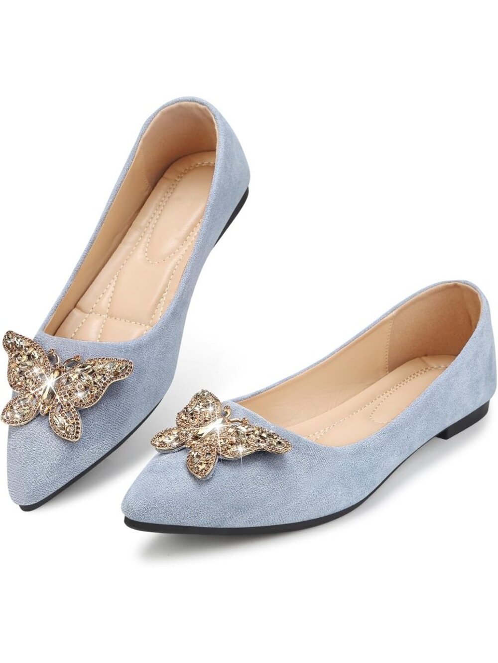 Women's Blue 1 Pointed Toe Pearl Flats Faux Suede Comfort Dress Flats Casual